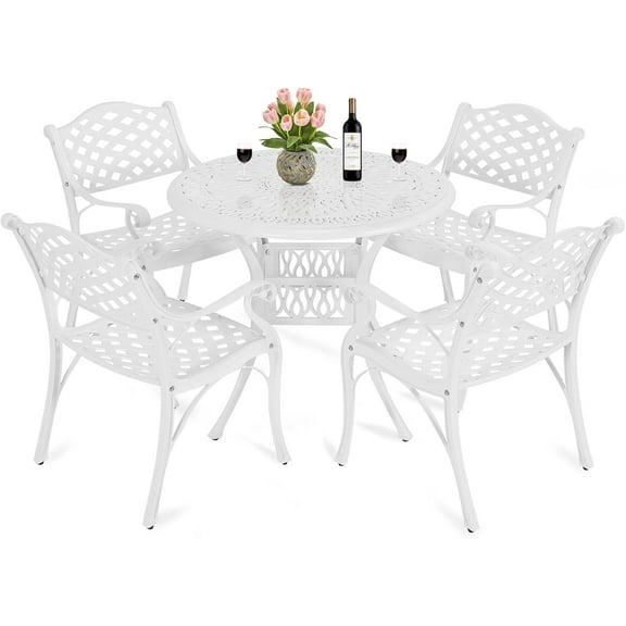 MEETWARM 5-Piece Outdoor Furniture Dining Set, All Weather Cast Aluminum Conversation Set with 4 Chairs and 35.4 Round Table, 2" Umbrella Hole for Patio Garden Deck, Lattice Weave Design, White
