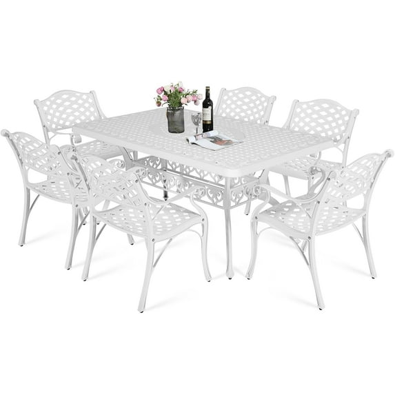 MEETWARM 7 Piece Outdoor Patio Dining Set for 6 Seater Dining Table Set, All-Weather Cast Aluminum Patio Conversation Set for Garden with 6 Chairs, 1 Rectangular Table, 2" Umbrella Hole, White