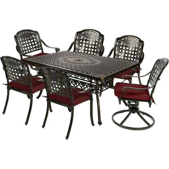 MEETWARM 7-Piece Outdoor Patio Dining Set, All-Weather Cast Aluminum Patio Conversation Set with 4 Stationary, 2 Swivel Rocker Chairs, 1 Rectangular Table, 6 Cushions, 2" Umbrella Hole, Chili Red