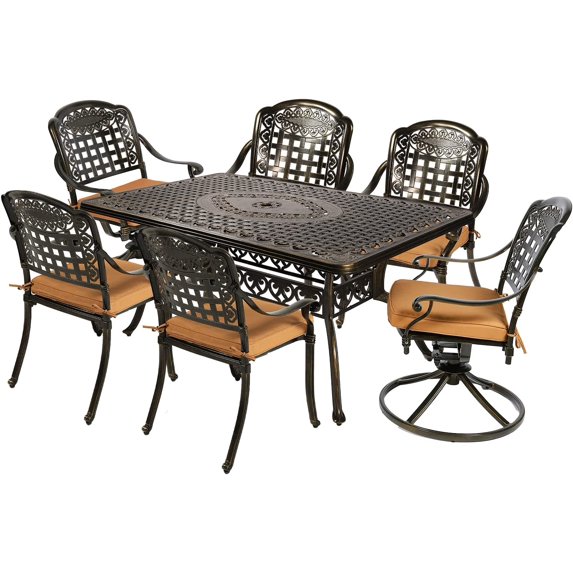 MEETWARM 7-Piece Outdoor Patio Dining Set, All-Weather Cast Aluminum Patio Conversation Set with 4 Stationary, 2 Swivel Rocker Chairs, 1 Rectangular Table, 6 Cushions, 2" Umbrella Hole
