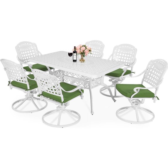 MEETWARM 7-Piece Outdoor Patio Dining Set, All-Weather Cast Aluminum Patio Conversation Set with 6 Cushioned Swivel Rocker Chairs for Backyard Garden Deck, 1 Rectangular Table, White