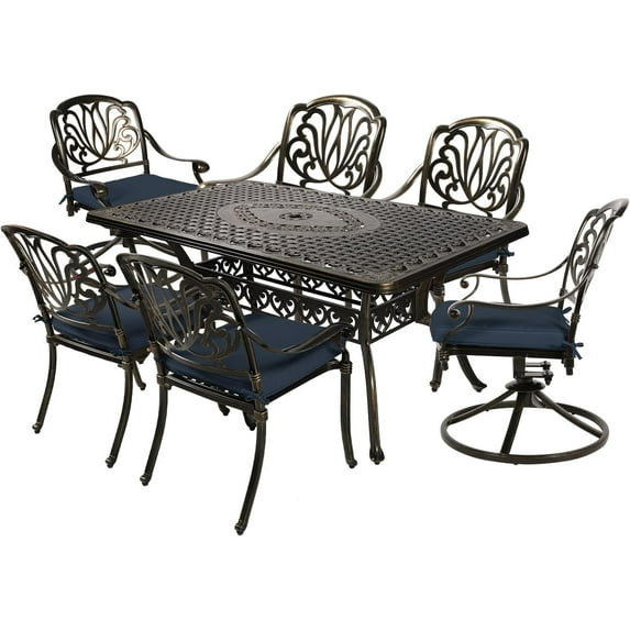 MEETWARM 7-Piece Outdoor Patio Dining Set, All-Weather Cast Aluminum Patio Conversation Set with 2 Swivel Rocker Chairs, 4 Stationary, 1 Rectangular Table, 6 Cushions, 2" Umbrella Hole, Navy Blue