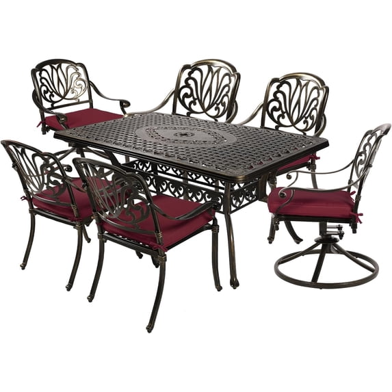 MEETWARM 7-Piece Outdoor Patio Dining Set, All-Weather Cast Aluminum Patio Conversation Set with 2 Swivel Rocker Chairs, 4 Stationary, 1 Rectangular Table, 6 Cushions, 2" Umbrella Hole, Chili Red