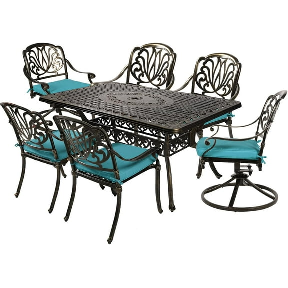 MEETWARM 7-Piece Outdoor Patio Dining Set, All-Weather Cast Aluminum Patio Conversation Set with 2 Swivel Rocker Chairs, 4 Stationary, 1 Rectangular Table, 6 Cushions, 2" Umbrella Hole, Ocean Blue