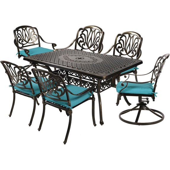 MEETWARM 7-Piece Outdoor Patio Dining Set, All-Weather Cast Aluminum Patio Conversation Set with 2 Swivel Rocker Chairs, 4 Stationary, 1 Rectangular Table, 6 Cushions, 2" Umbrella Hole, Ocean Blue