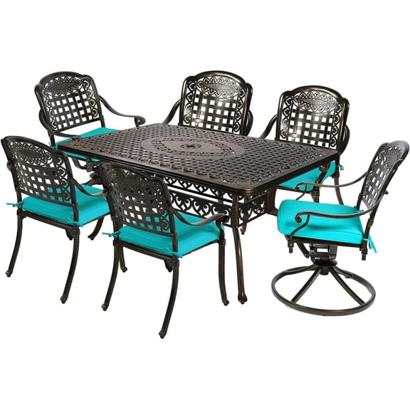 MEETWARM 7-Piece Outdoor Patio Dining Set, All-Weather Cast Aluminum Patio Conversation Set with 4 Stationary, 2 Swivel Rocker Chairs, 1 Rectangular Table, 6 Cushions, 2" Umbrella Hole, Ocean Blue