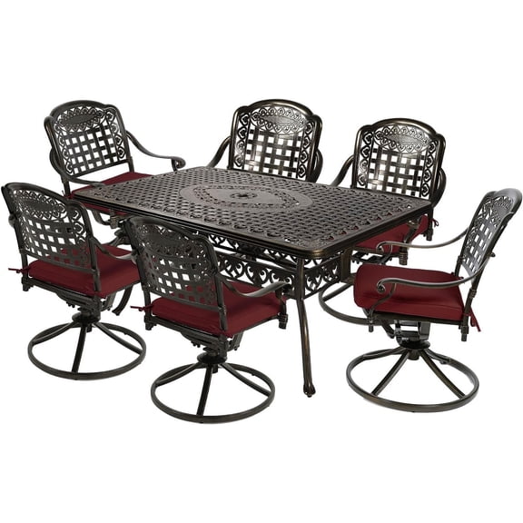 MEETWARM 7-Piece Outdoor Patio Dining Set, All-Weather Cast Aluminum Patio Conversation Set with 6 Cushioned Swivel Rocker Chairs for Backyard Garden Deck, 1 Rectangular Table, Chili Red