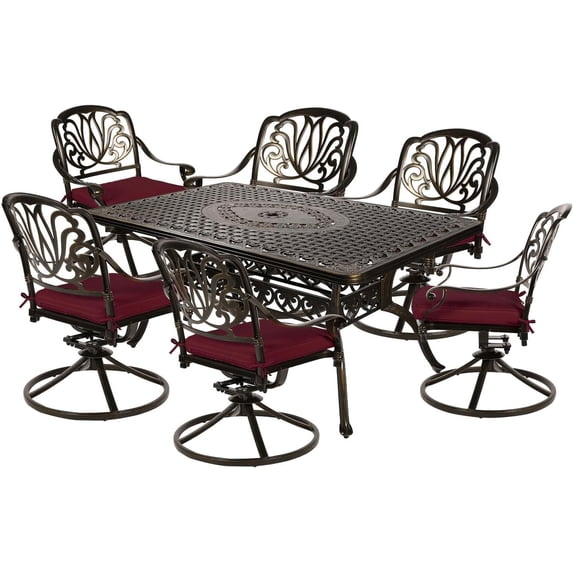 MEETWARM 7-Piece Outdoor Patio Dining Set, All-Weather Cast Aluminum Patio Conversation Set for Backyard Garden Deck with 6 Cushioned Swivel Rocker Chairs, 1 Rectangular Table, Chili Red