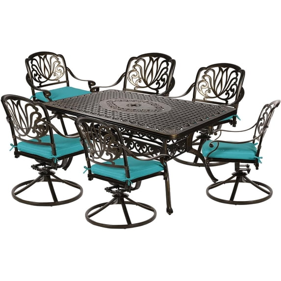 MEETWARM 7-Piece Outdoor Patio Dining Set, All-Weather Cast Aluminum Patio Conversation Set for Backyard Garden Deck with 6 Cushioned Swivel Rocker Chairs, 1 Rectangular Table, Ocean Blue