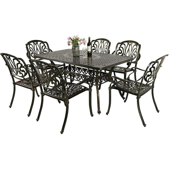 MEETWARM 7-Piece Outdoor Patio Dining Set, All-Weather Cast Aluminum Patio Conversation Set for Garden Deck Backyard with 6 Chairs, 1 Rectangular Table, 2" Umbrella Hole, Dark Bronze