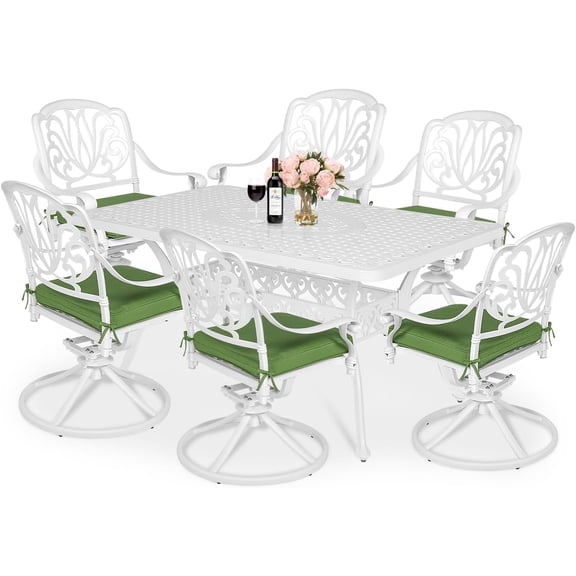 MEETWARM 7-Piece Outdoor Patio Dining Set, All-Weather Cast Aluminum Patio Conversation Set for Garden Deck Backyard with 6 Cushioned Swivel Rocker Chairs, 1 Rectangular Table, 2" Umbrella Hole White