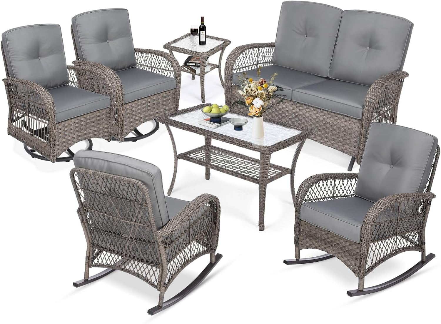 MEETWARM 7 Pieces Outdoor Patio Rattan Furniture Sets, All Weather Patio Wicker Conversation Set- 2 Rocking Chairs, 2 Swivel Chairs, 1 Loveseat Glider w/Cushions, 2 Glass-Top Coffee Table, Gray