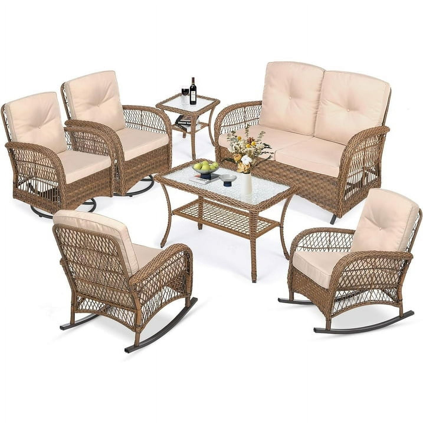 MEETWARM 7 Pieces Outdoor Patio Rattan Furniture Sets, All Weather Patio Wicker Conversation Set- 2 Rocking Chairs, 2 Swivel Chairs, 1 Loveseat Glider with Cushions, 2 Glass-Top Coffee Table, Beige