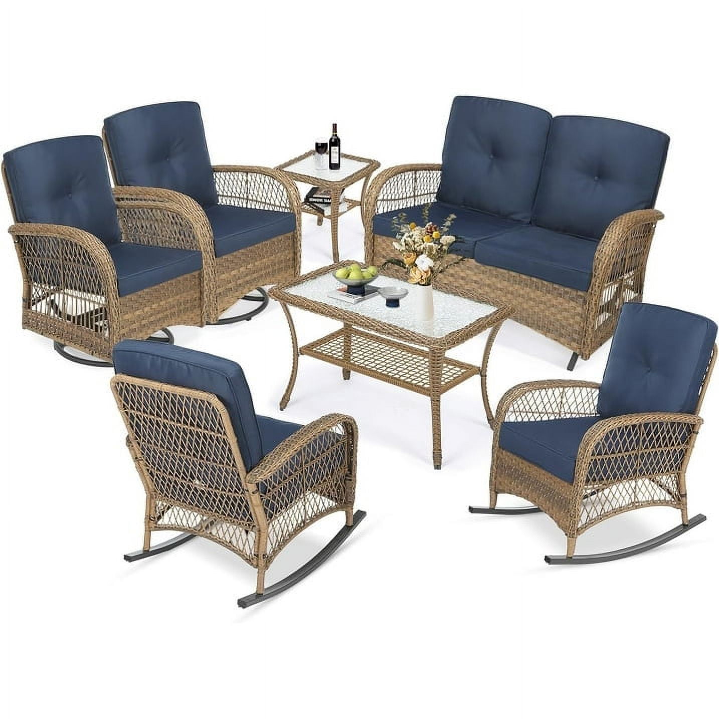 MEETWARM 7 Pieces Outdoor Patio Rattan Furniture Sets, All Weather Patio Wicker Conversation Set- 2 Rocking Chairs, 2 Swivel Chairs, 1 Loveseat Glider w/Cushions, 2 Glass-Top Coffee Table, Navy Blue