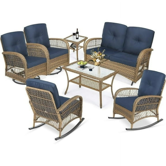 MEETWARM 7 Pieces Outdoor Patio Rattan Furniture Sets, All Weather Patio Wicker Conversation Set- 2 Rocking Chairs, 2 Swivel Chairs, 1 Loveseat Glider w/Cushions, 2 Glass-Top Coffee Table, Navy Blue