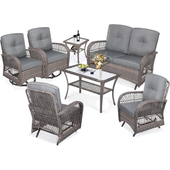 MEETWARM 7 Pieces Outdoor Patio Rattan Furniture Sets, All Weather Patio Wicker Conversation Set- 2 Rocking Glider, 2 Swivel Chairs, 1 Loveseat Glider w/Cushions, 2 Glass-Top Coffee Table, Gray