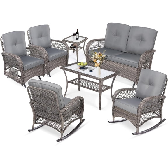 MEETWARM 7 Pieces Outdoor Wicker Patio Conversation Sets with Glider Loveseat, 4 Chairs with 2 Glass-Top Coffee Table Wicker Rocking Glider Set, Wicker Conversation Set w/Thickened Cushions, Gray