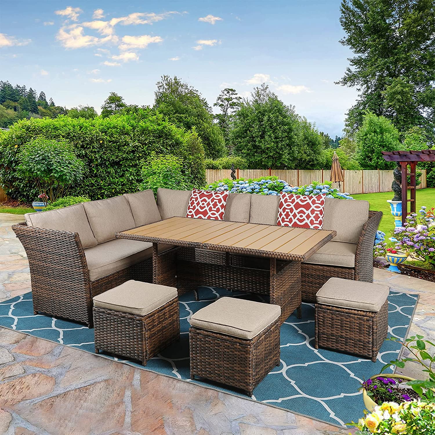 MEETWARM 7 Pieces Wicker Patio Furniture Set Outdoor Conversation Set All Weather Rattan Sectional Sofa Couch Garden with Ottoman (Brown)