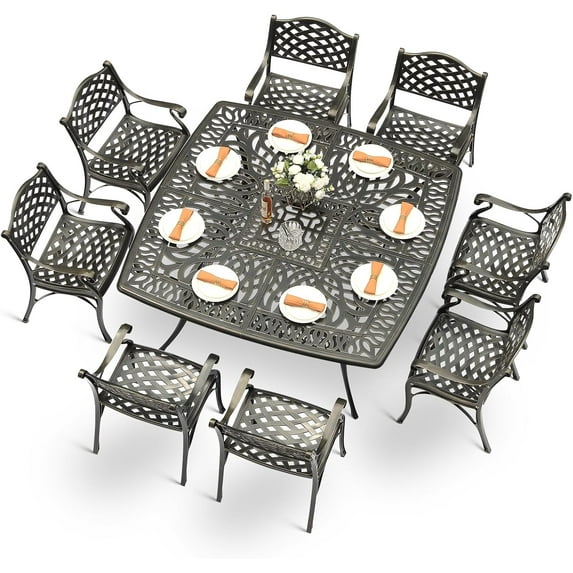 MEETWARM 9-Piece Outdoor Furniture Dining Set for 8, All Weather Cast Aluminum Patio Dining Set- Large 64" Square Table and 8 Chairs, Patio Table and Chairs Set for Garden, Umbrella Hole, Dark Bronze