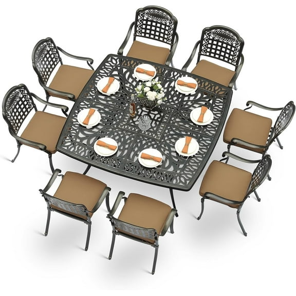 MEETWARM 9-Piece Outdoor Furniture Dining Set for 8, All Weather Cast Aluminum Patio Dining Set- Large 64" Square Table with Umbrella Hole and 8 Cushioned Chairs, Patio Table and Chairs Set, Khaki