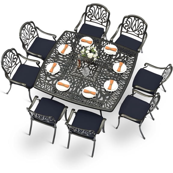 MEETWARM 9-Piece Outdoor Furniture Dining Set for 8, All Weather Cast Aluminum Patio Dining Set- Large 64" Square Table with Umbrella Hole and 8 Cushioned Chairs, Patio Table and Chairs Set Navy Blue