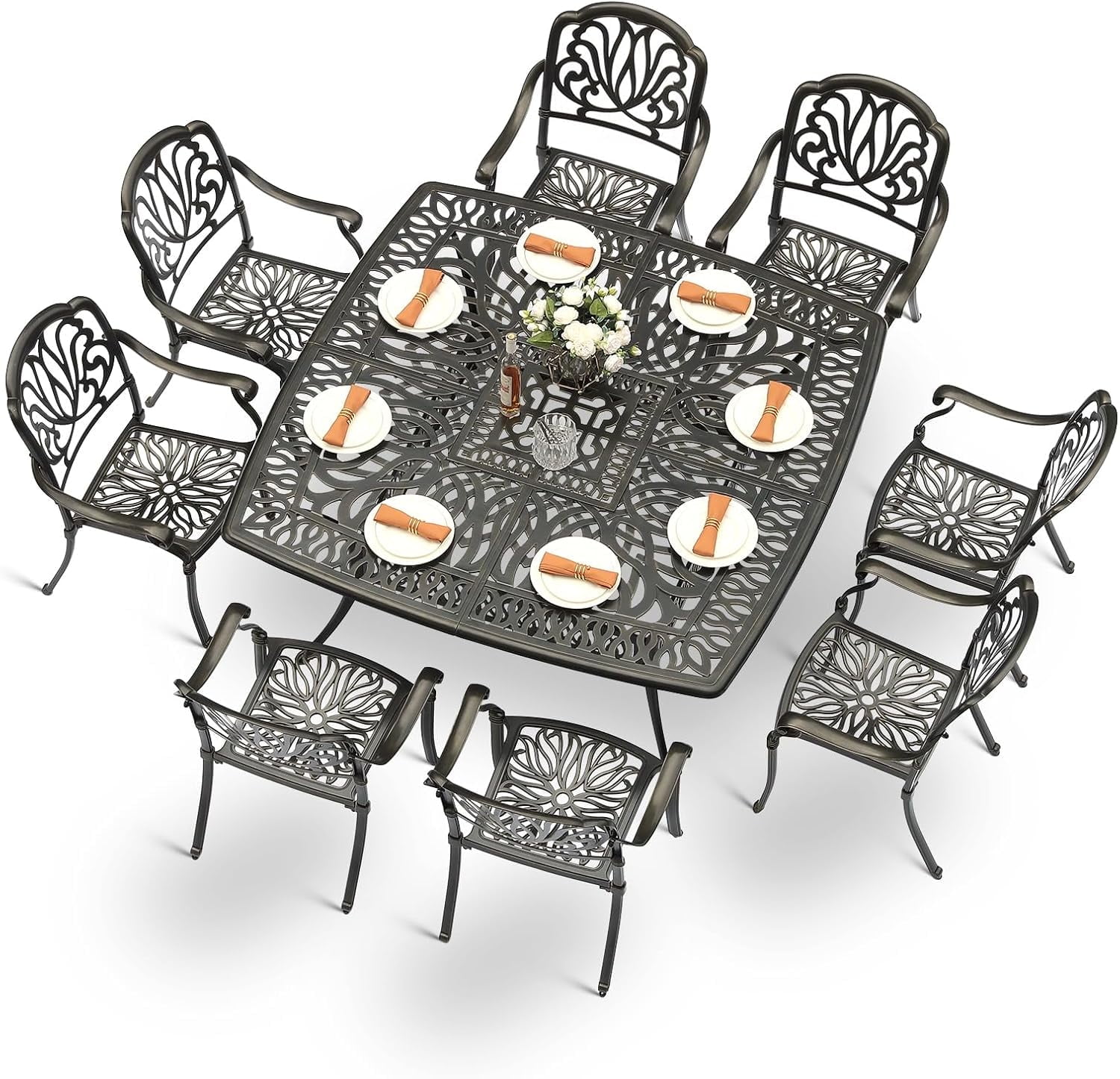 MEETWARM 9-Piece Outdoor Furniture Dining Set for 8, All Weather Cast Aluminum Patio Dining Set- Large 64" Square Table and 8 Chairs, Patio Table and Chairs Set for Garden, Umbrella Hole, Dark Bronze