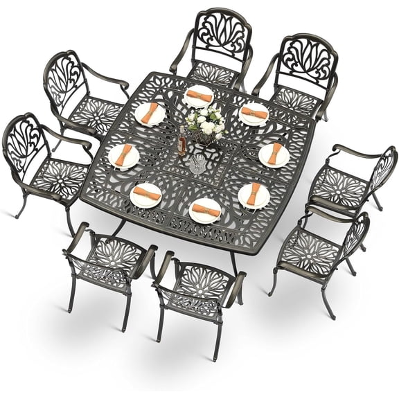 MEETWARM 9-Piece Outdoor Furniture Dining Set for 8, All Weather Cast Aluminum Patio Dining Set- Large 64" Square Table and 8 Chairs, Patio Table and Chairs Set for Garden, Umbrella Hole, Dark Bronze