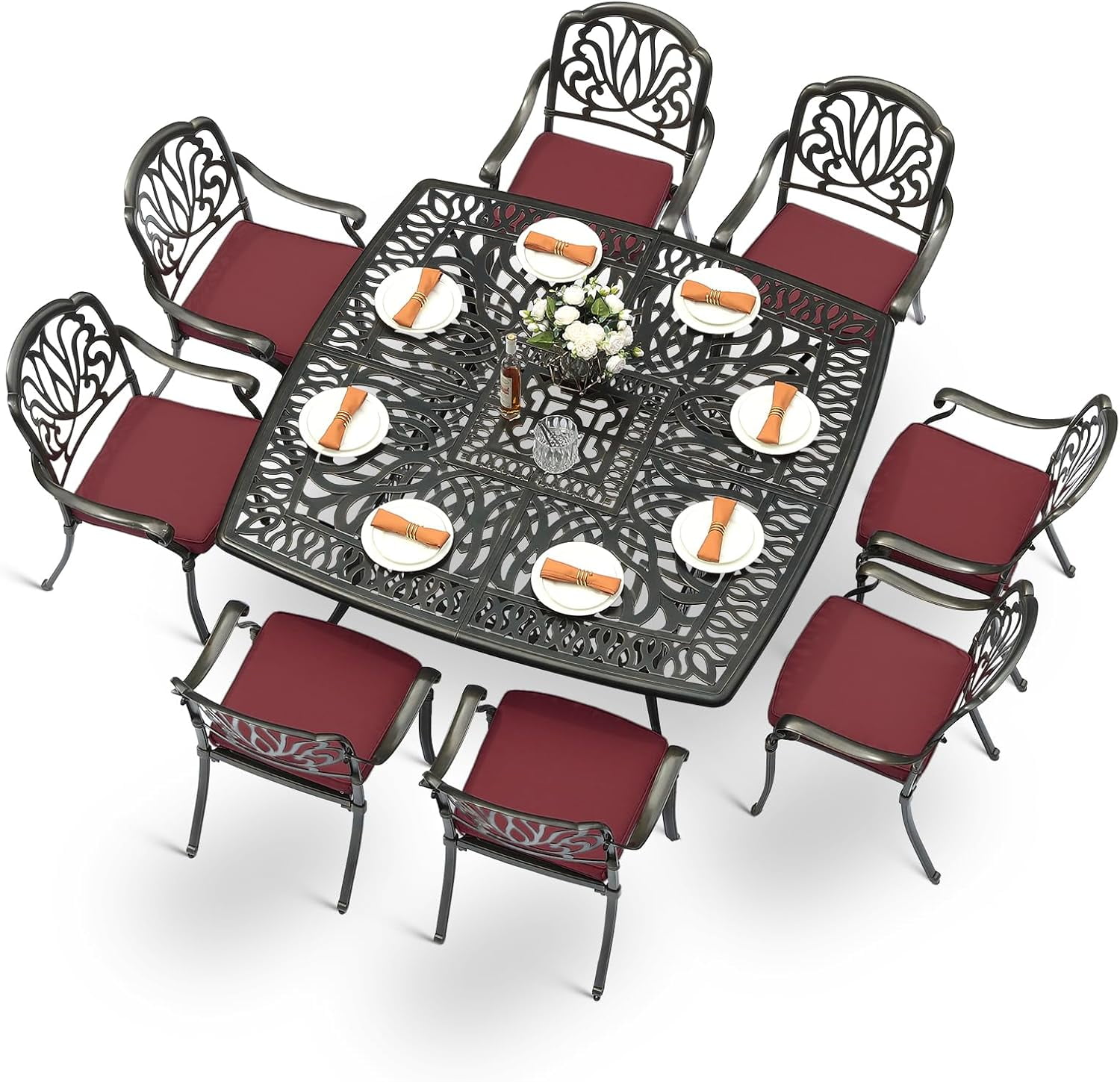 MEETWARM 9-Piece Outdoor Furniture Dining Set for 8, All Weather Cast Aluminum Patio Dining Set- Large 64" Square Table with Umbrella Hole and 8 Cushioned Chairs, Patio Table and Chairs Set, Red