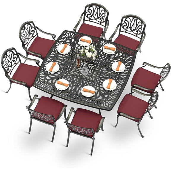 MEETWARM 9-Piece Outdoor Furniture Dining Set for 8, All Weather Cast Aluminum Patio Dining Set- Large 64" Square Table with Umbrella Hole and 8 Cushioned Chairs, Patio Table and Chairs Set, Red