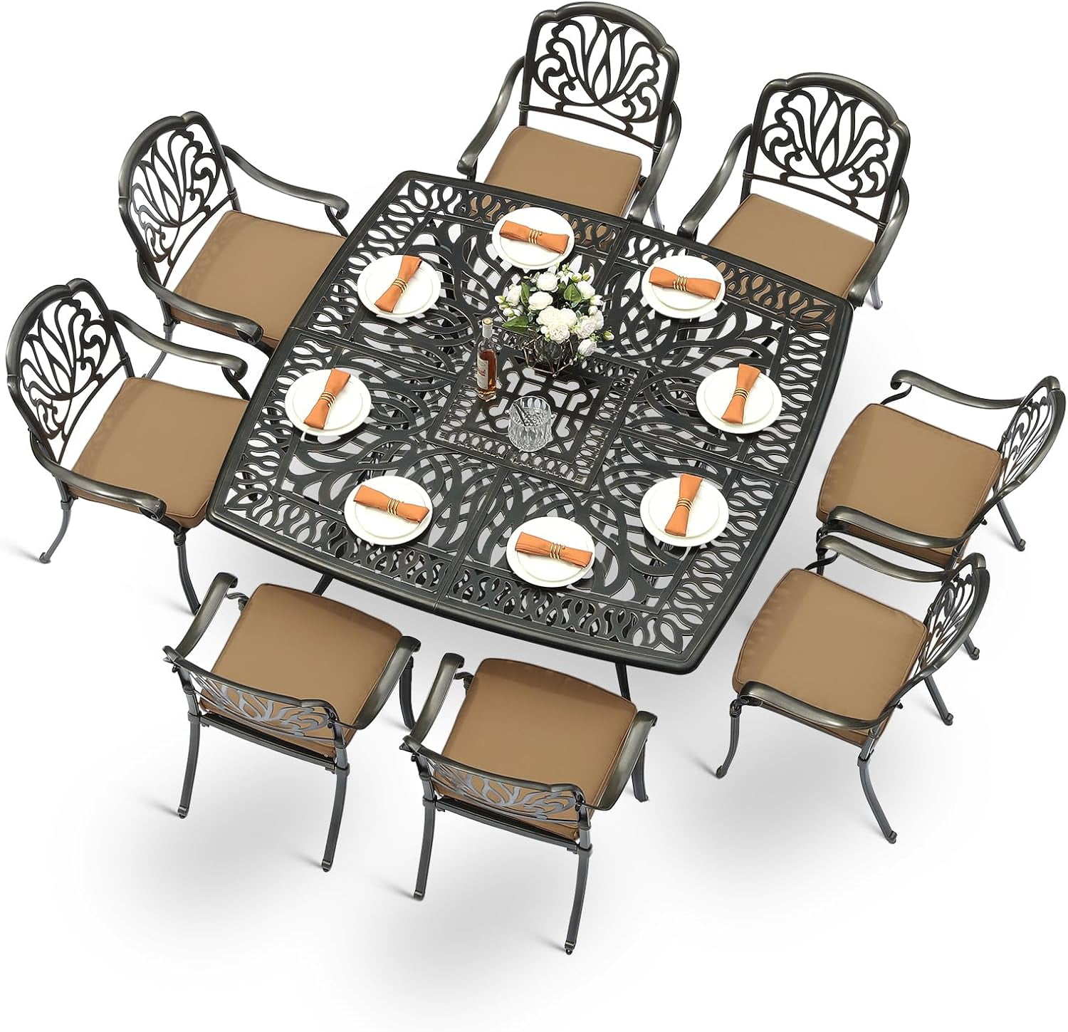 MEETWARM 9-Piece Outdoor Furniture Dining Set for 8, All Weather Cast Aluminum Patio Dining Set- Large 64" Square Table with Umbrella Hole and 8 Cushioned Chairs, Patio Table and Chairs Set, Khaki