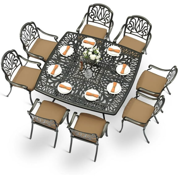 MEETWARM 9-Piece Outdoor Furniture Dining Set for 8, All Weather Cast Aluminum Patio Dining Set- Large 64" Square Table with Umbrella Hole and 8 Cushioned Chairs, Patio Table and Chairs Set, Khaki