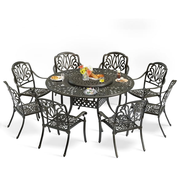 MEETWARM 9-Piece Outdoor Furniture Dining Set, All Weather Cast Aluminum Patio Garden Set- 8 Chairs, 61" Round Patio Dining Table with Detachable Lazy Susan, 2" Umbrella Hole,Dark Bronze