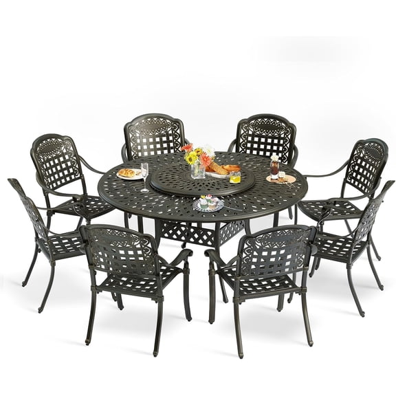 MEETWARM 9-Piece Outdoor Furniture Dining Set, All Weather Cast Aluminum Patio Garden Set with 8 Chairs, 61" Round Patio Dining Table with Detachable Lazy Susan, 2" Umbrella Hole,Dark Bronze