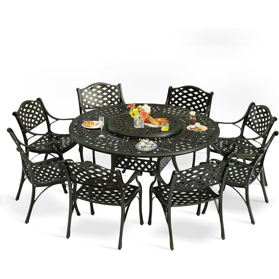 MEETWARM 9-Piece Outdoor Furniture Dining Set, All Weather Cast Aluminum Patio Garden Set- 8 Chairs, 61" Round Patio Dining Table with Detachable Lazy Susan, Umbrella Hole, Dark Bronze