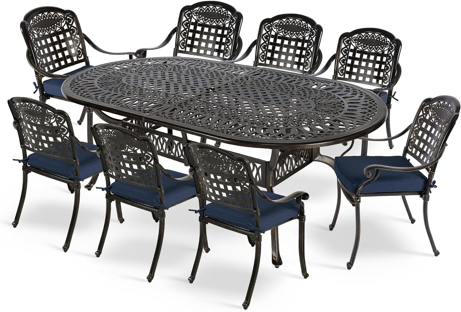 MEETWARM 9-Piece Outdoor Furniture Dining Set, All Weather Cast Aluminum Patio Garden Set with 8 Chairs, 8 Cushions, 1 Oval Table, 2.2" Umbrella Hole, Dark Bronze, Navy Blue