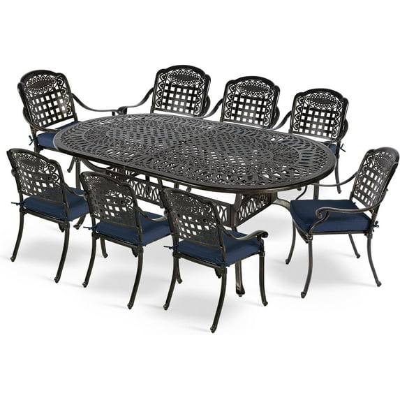 MEETWARM 9-Piece Outdoor Furniture Dining Set, All Weather Cast Aluminum Patio Garden Set with 8 Chairs, 8 Cushions, 1 Oval Table, 2.2" Umbrella Hole, Dark Bronze, Navy Blue