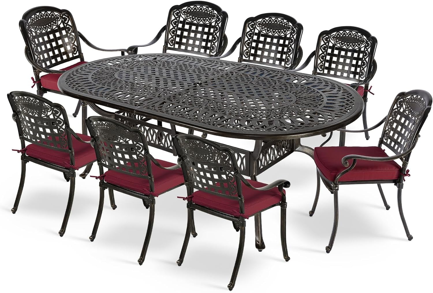 MEETWARM 9-Piece Outdoor Furniture Dining Set, All Weather Cast Aluminum Patio Garden Set with 8 Chairs, 8 Cushions, 1 Oval Table, 2.2" Umbrella Hole, Dark Bronze, Chili Red