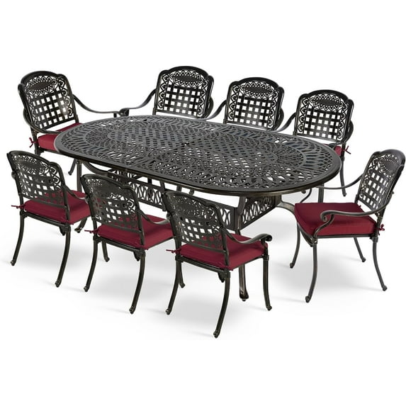 MEETWARM 9-Piece Outdoor Furniture Dining Set, All Weather Cast Aluminum Patio Garden Set with 8 Chairs, 8 Cushions, 1 Oval Table, 2.2" Umbrella Hole, Dark Bronze, Chili Red