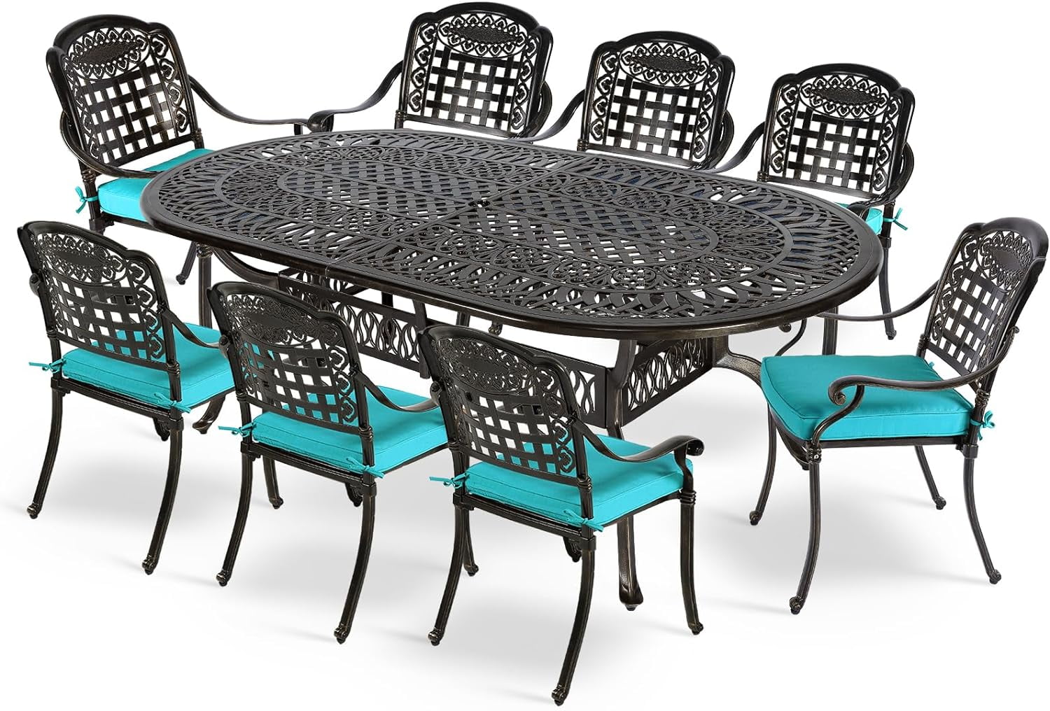 MEETWARM 9-Piece Outdoor Furniture Dining Set, All Weather Cast Aluminum Patio Garden Set with 8 Chairs, 8 Cushions, 1 Oval Table, 2.2" Umbrella Hole, Dark Bronze, Ocean Blue
