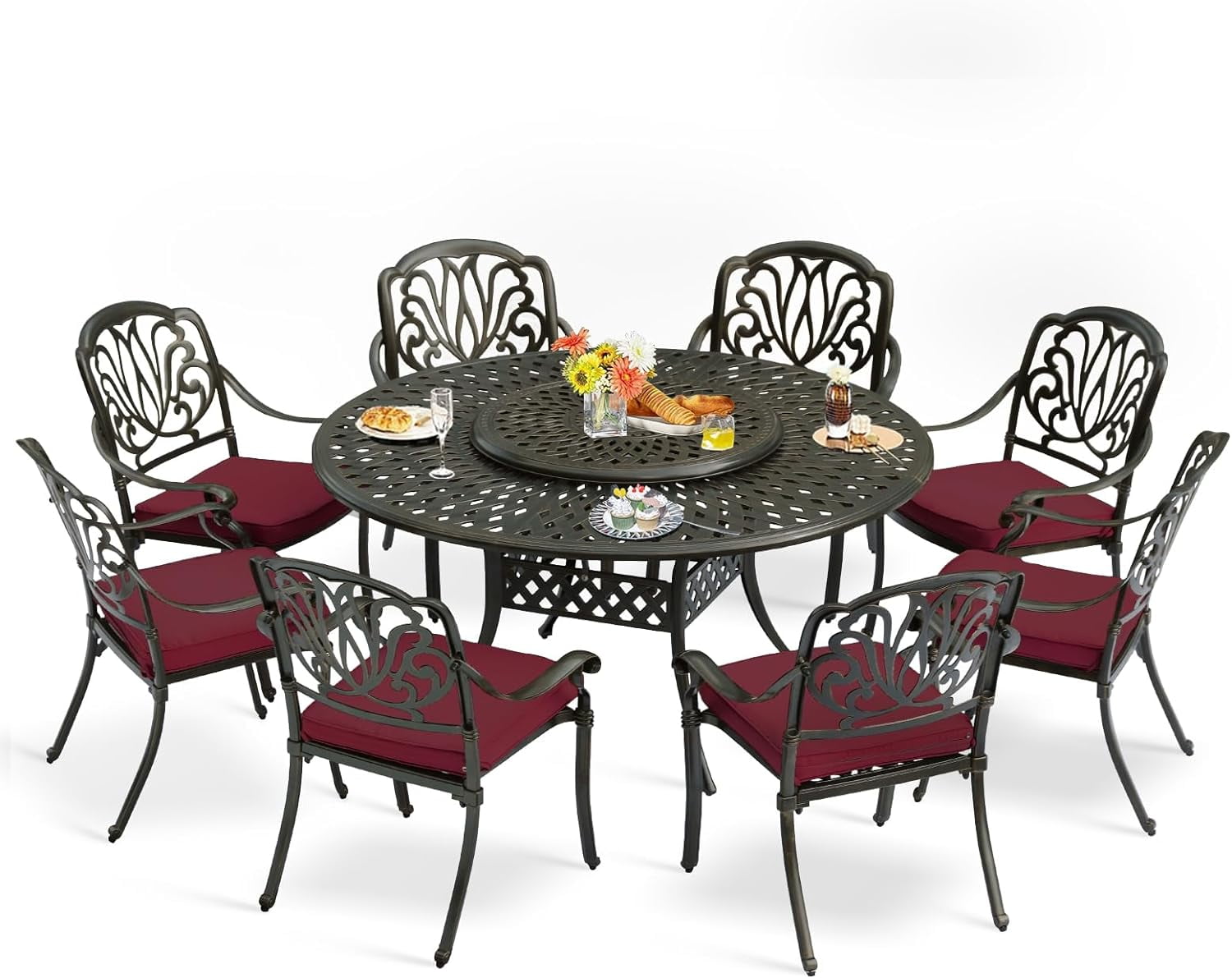 MEETWARM 9-Piece Outdoor Furniture Dining Set, All Weather Cast Aluminum Patio Garden Set- 8 Cushioned Chairs, 61" Round Patio Dining Table with Detachable Lazy Susan, 2" Umbrella Hole, Chili Red