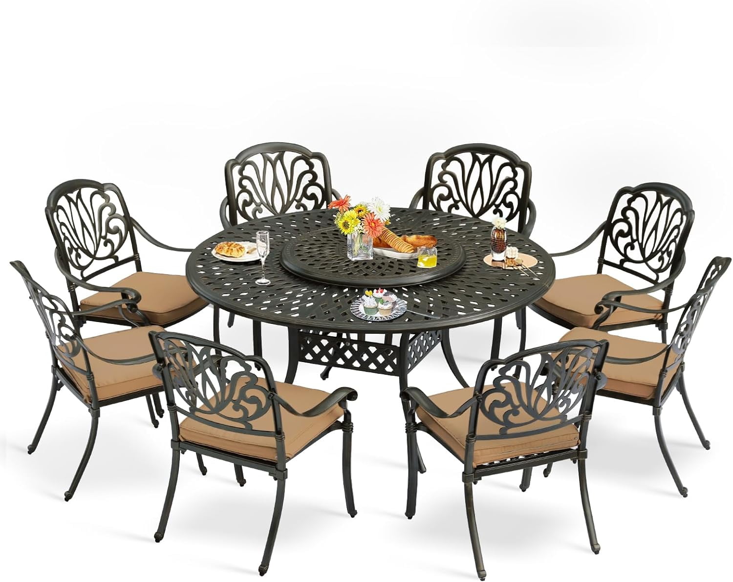 MEETWARM 9-Piece Outdoor Furniture Dining Set, All Weather Cast Aluminum Patio Garden Set- 8 Cushioned Chairs, 61" Round Patio Dining Table with Detachable Lazy Susan, 2" Umbrella Hole,Dark Bronze