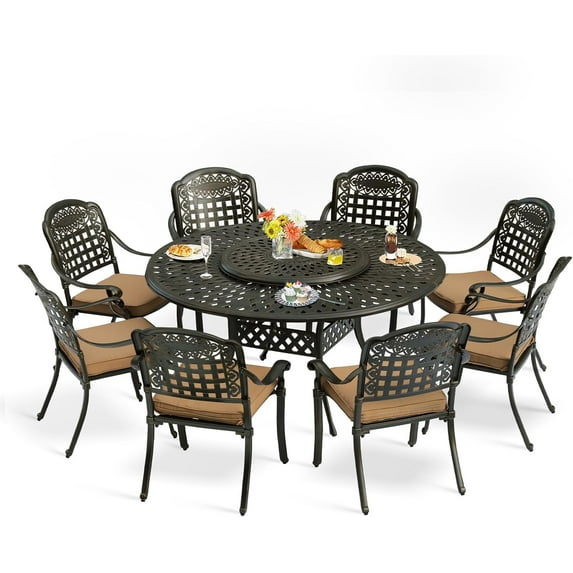 MEETWARM 9-Piece Outdoor Furniture Dining Set, All Weather Cast Aluminum Patio Garden Set with 8 Cushioned Chairs, 61" Round Patio Dining Table with Detachable Lazy Susan, 2" Umbrella Hole,Dark Bronze