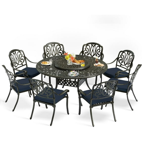 MEETWARM 9-Piece Outdoor Furniture Dining Set, All Weather Cast Aluminum Patio Garden Set- 8 Cushioned Chairs, 61" Round Patio Dining Table with Detachable Lazy Susan, 2" Umbrella Hole, Navy Blue