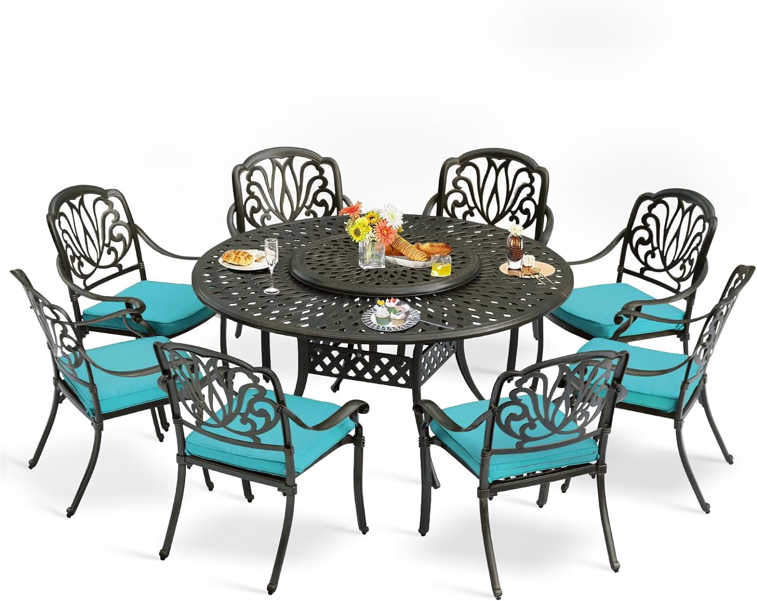 MEETWARM 9-Piece Outdoor Furniture Dining Set, All Weather Cast Aluminum Patio Garden Set- 8 Cushioned Chairs, 61" Round Patio Dining Table with Detachable Lazy Susan, 2" Umbrella Hole, Ocean Blue