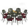 thumbnail image 1 of MEETWARM 9-Piece Outdoor Furniture Dining Set, All Weather Cast Aluminum Patio Garden Set with 8 Cushioned Chairs, 61" Round Patio Dining Table with Detachable Lazy Susan, 2" Umbrella Hole, Chili Red, 1 of 8
