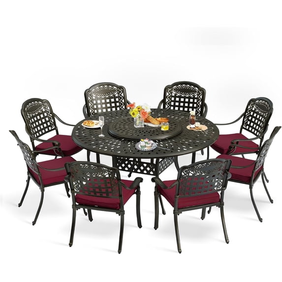MEETWARM 9-Piece Outdoor Furniture Dining Set, All Weather Cast Aluminum Patio Garden Set with 8 Cushioned Chairs, 61" Round Patio Dining Table with Detachable Lazy Susan, 2" Umbrella Hole, Chili Red