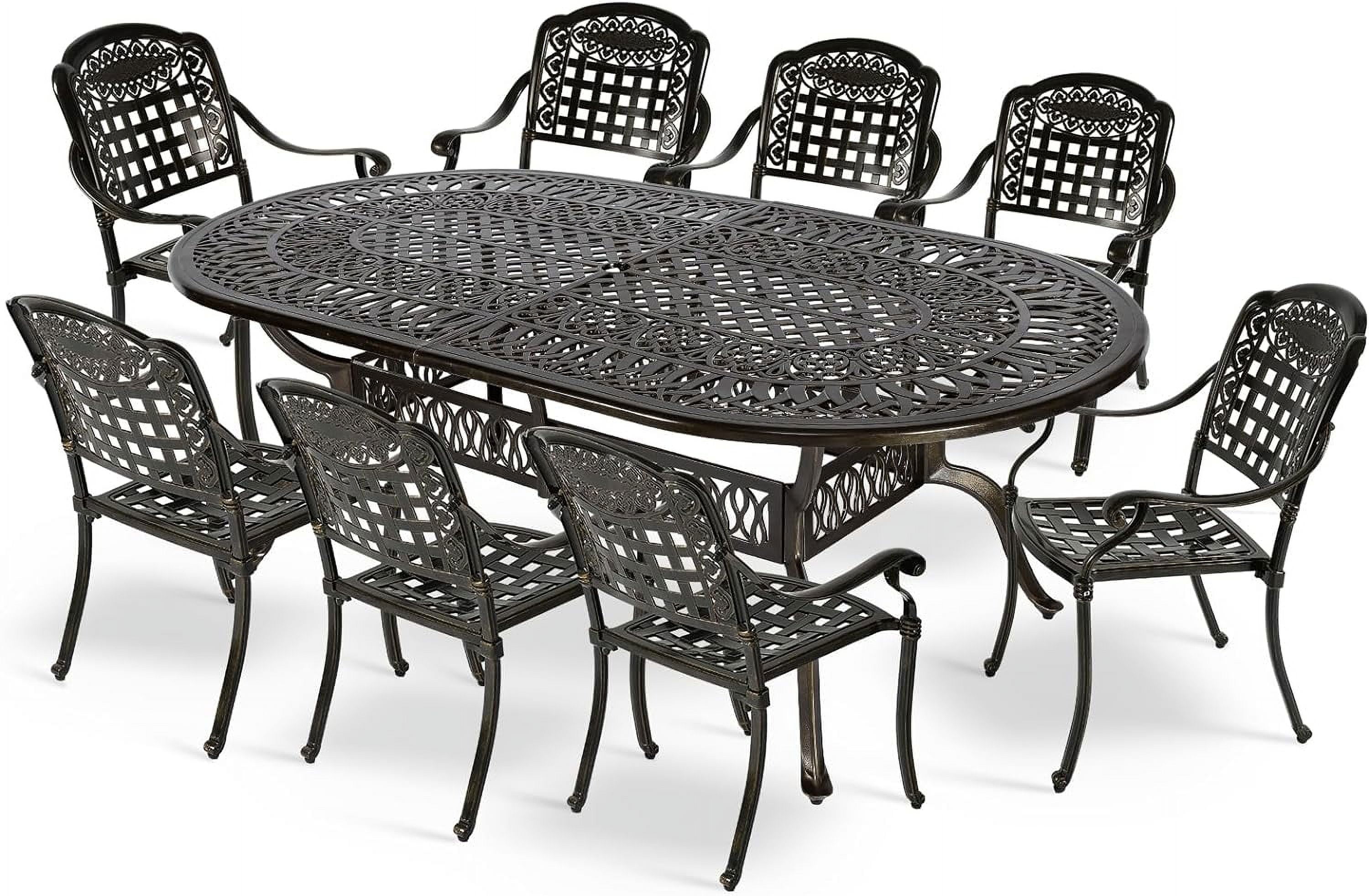 Dark Bronze 9-Piece Cast Aluminum Outdoor Dining Set with Umbrella Hole