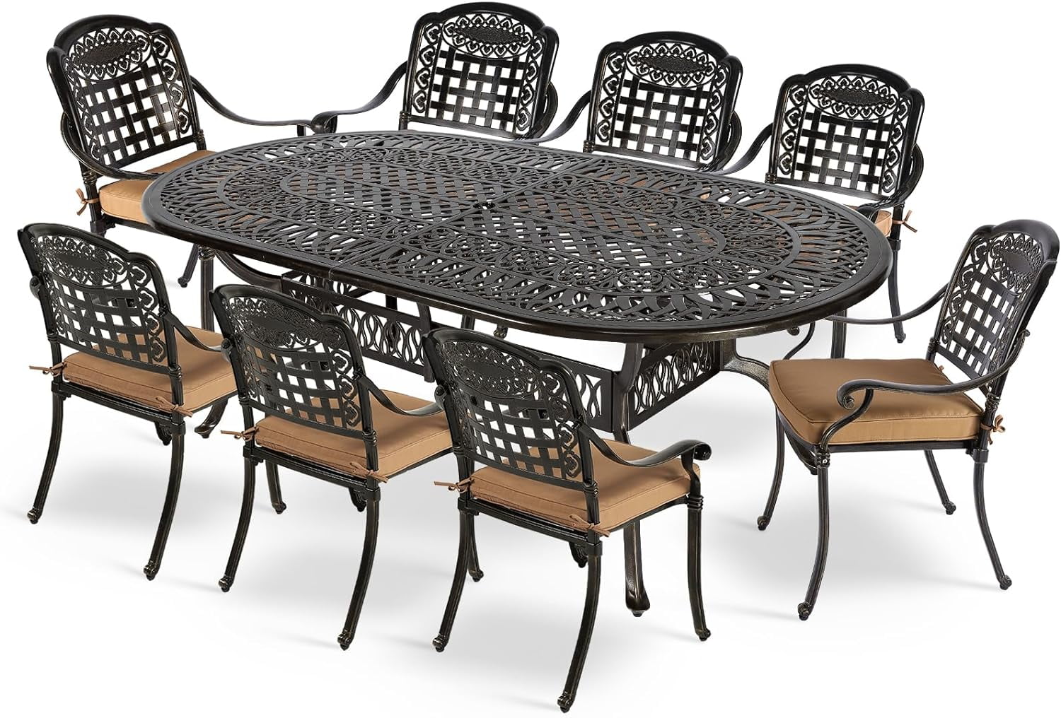 MEETWARM 9-Piece Outdoor Furniture Dining Set, All Weather Cast Aluminum Patio Garden Set with 8 Chairs, 8 Cushions, 1 Oval Table, 2.2" Umbrella Hole, Dark Bronze