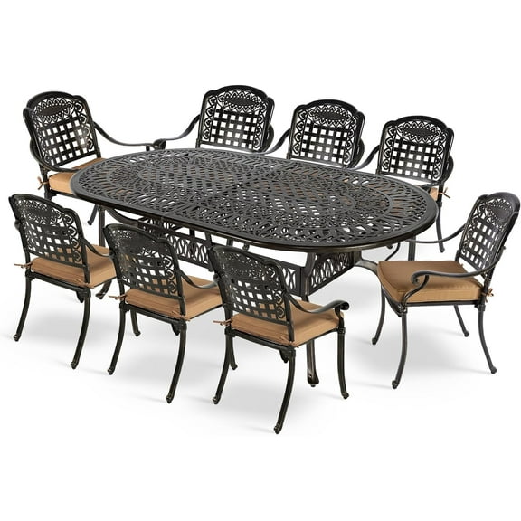 MEETWARM 9-Piece Outdoor Furniture Dining Set, All Weather Cast Aluminum Patio Garden Set with 8 Chairs, 8 Cushions, 1 Oval Table, 2.2" Umbrella Hole, Dark Bronze