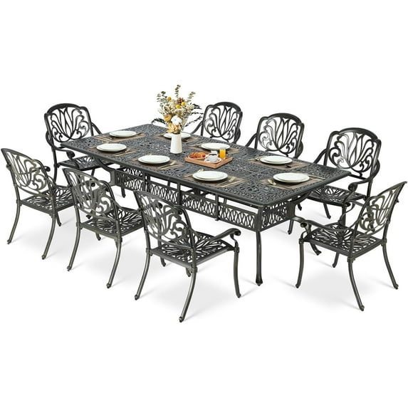 MEETWARM 9-Piece Outdoor Patio Dining Set for 8, All Weather Cast Aluminum Patio Funiture Set- 94.5” Rectangular Table with 2" Umbrella Hole and 8 Chairs, Patio Table and Chairs Set, Dark Bronze